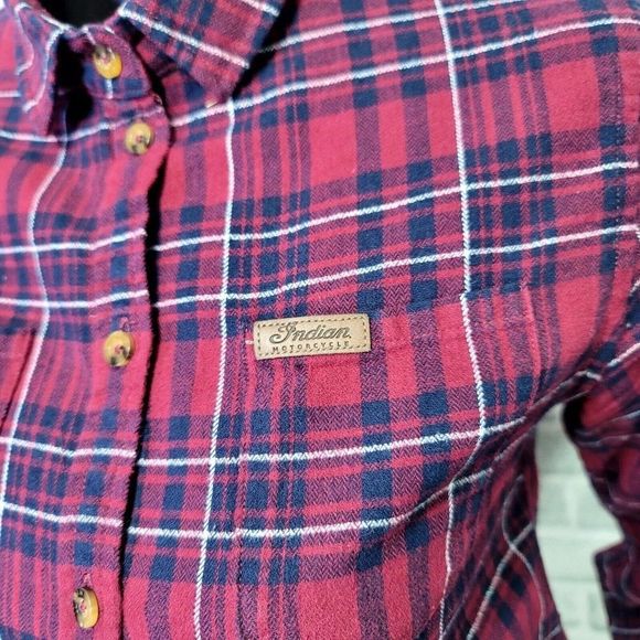Indian Motorcycles Womens S Red Plaid Shirt with Embroidered Logo Back Roll Tab - Picture 3 of 13
